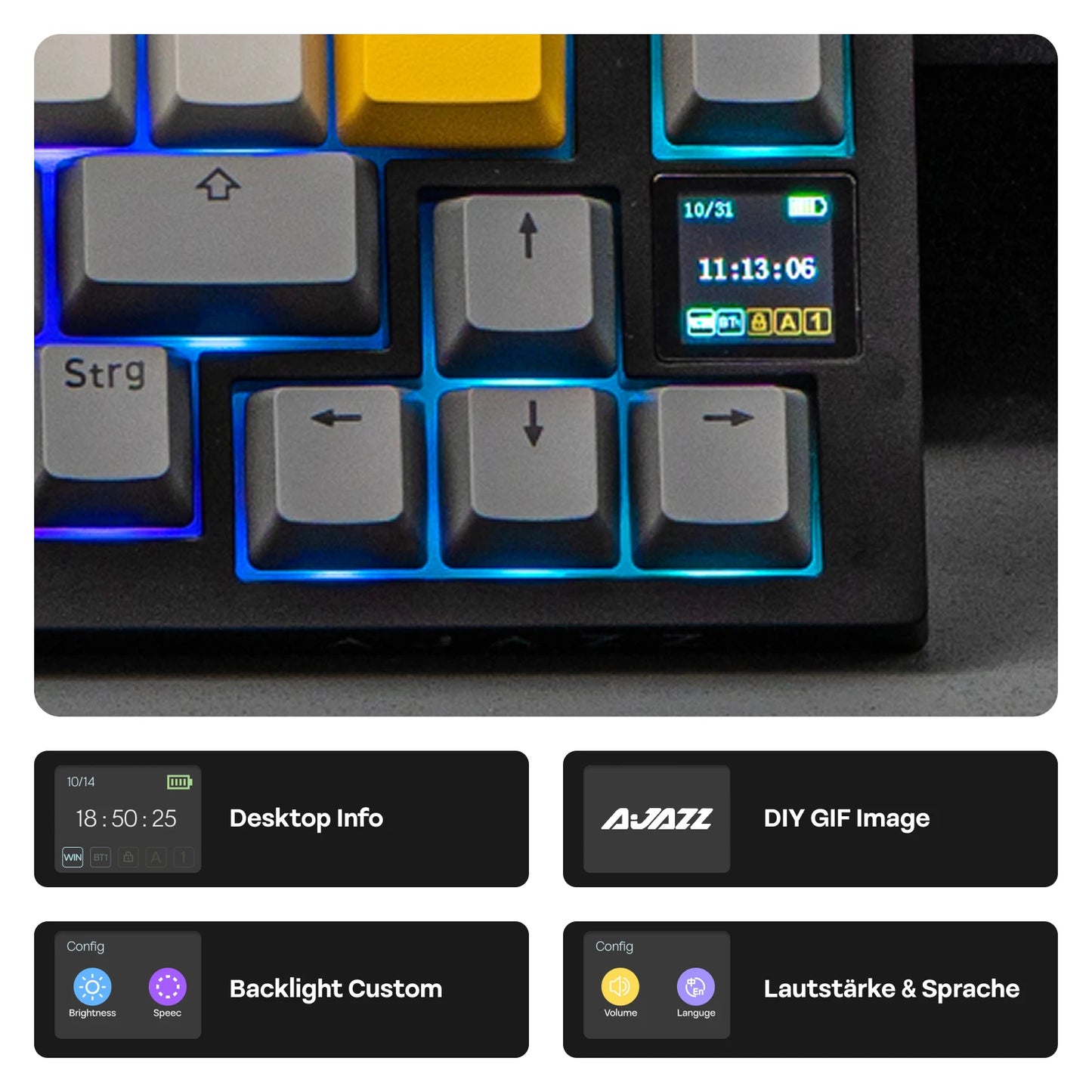 ISO-DE Layout AJAZZ AK820 PRO 75% QWERTZ German Layout Mechanical Keyboard Tri-Modes Wireless Keyboard with TFT Screen NKRO RGB