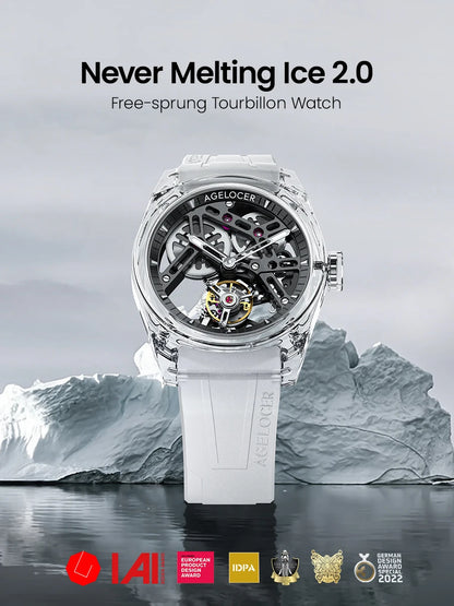 Relógio AGELOCER de edição limitada “Ice Never Melts” com turbilhão de cristal de espiral livre — relógios mecânicos manuais de luxo