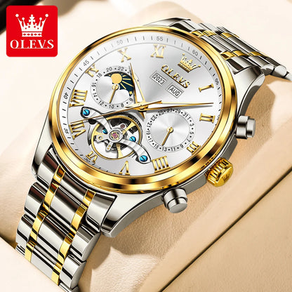 OLEVS 7005 Classic Business Mechanical Wristwatch for Men Skeleton Flywheel 24 Hour Moon Phase Calendar Luxury Men's Watch