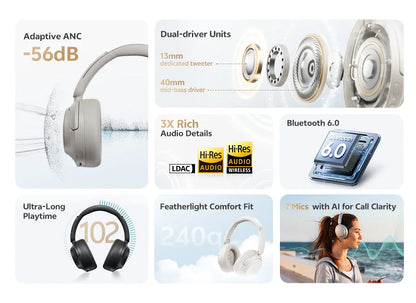 Auriculares circumaurales QCY H3S ANC Bluetooth 6.0 – Audio espacial Hi-Res LDAC, cancelación de ruido adaptativa de -56dB, auriculares inalámbricos
