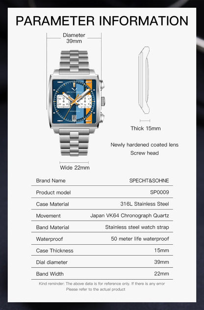 Specht&Sohne Men's Watch Luxury Brand Waterproof Stainless Steel Leather Japan VK Multifunctional Quartz Watch