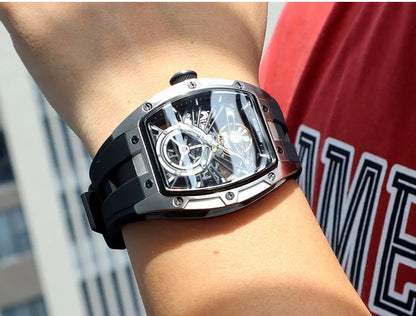 MINI FOCUS Orologio da polso da uomo fashion nero impermeabile, automatico meccanico, con lancette luminose, cinturino in silicone e quadrante tonneau