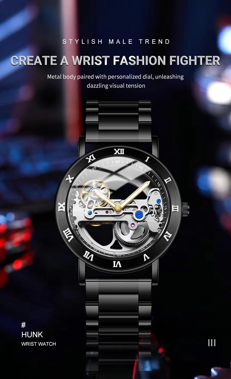 AKDPN Men's Watches Automatic Mechanical Stainless Steel Men's Wrist Watch Skeleton Automatic Watches for Man Watch Montre Homme