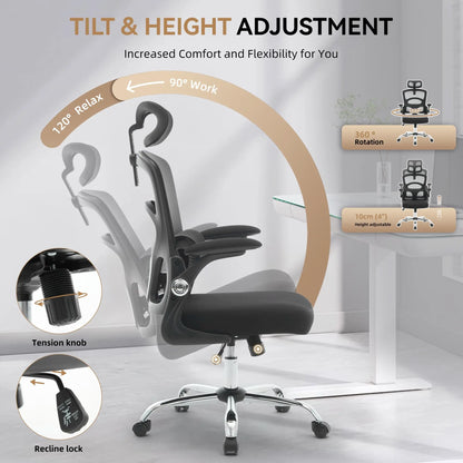 Ergonomic High-Back Mesh Chair Adjustable Headrest Lumbar Support 360° Swivel Rolling Computer Gaming Chairs for Home Office