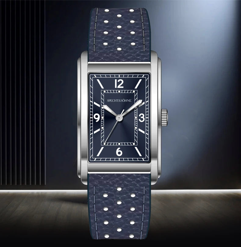 Specht & Söhne Neue modische 28MM quadratische Uhr für Herren, VH31-Uhrwerk, Sportuhr, blau, Edelstahl, Saphirglas, wasserdicht