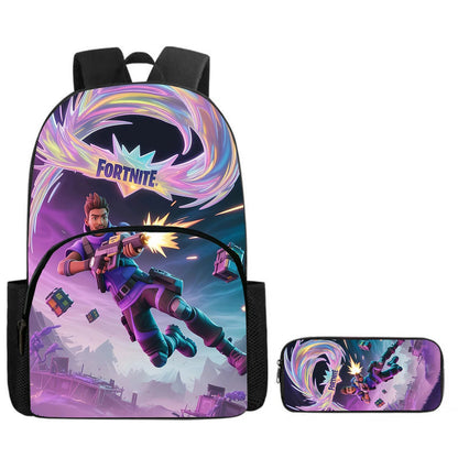 Fortnite Cartoon Backpack with Front Pocket & Pencil Case 2PCS - School Set for Boys Girls Age 5-8, Back to School Gift