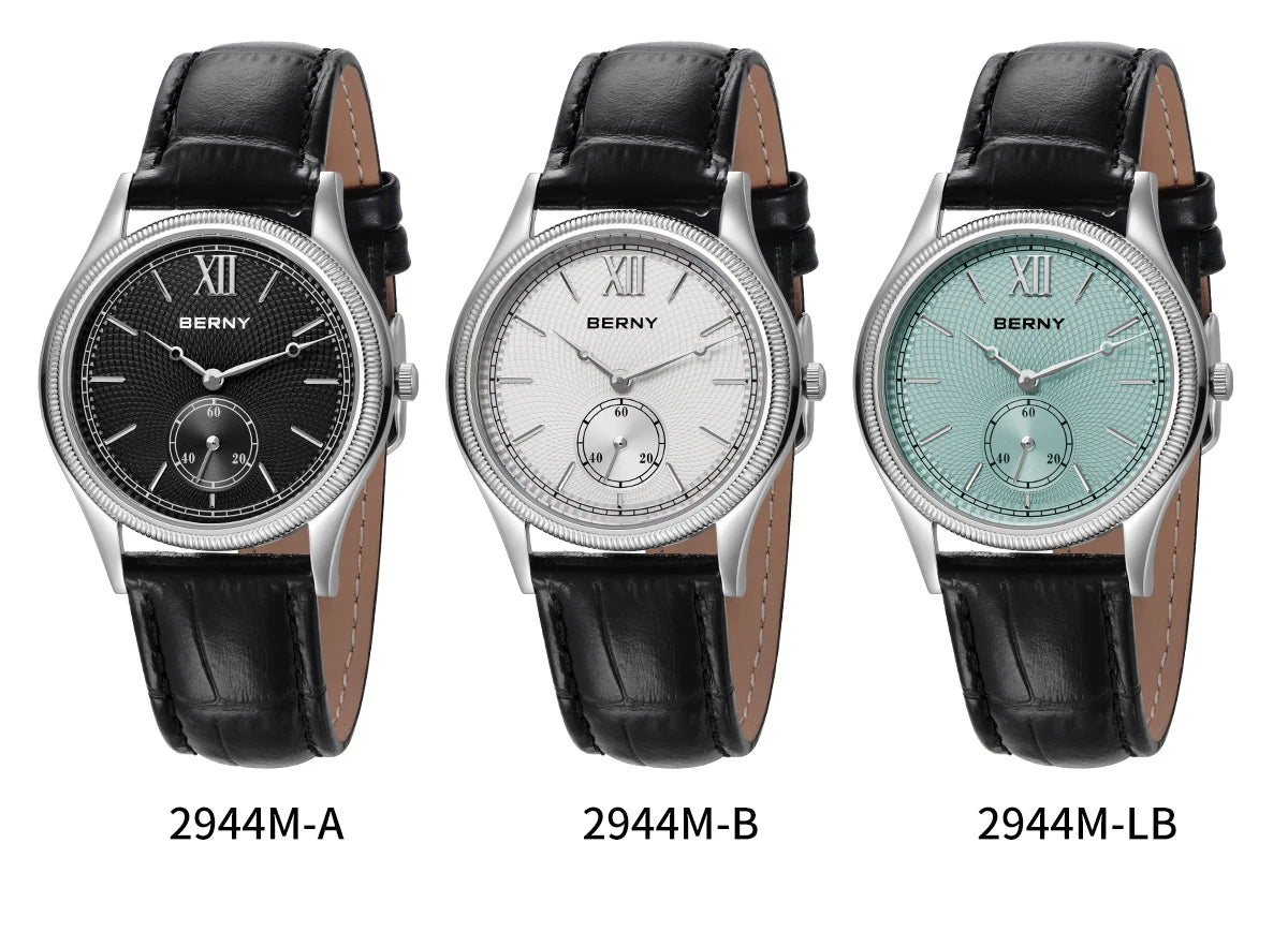 BERNY Men's Watches Luxury Classic Stylish Dress Quartz Watch Slim Stainless Steel Case Elegance Leather Strap Wristwatch
