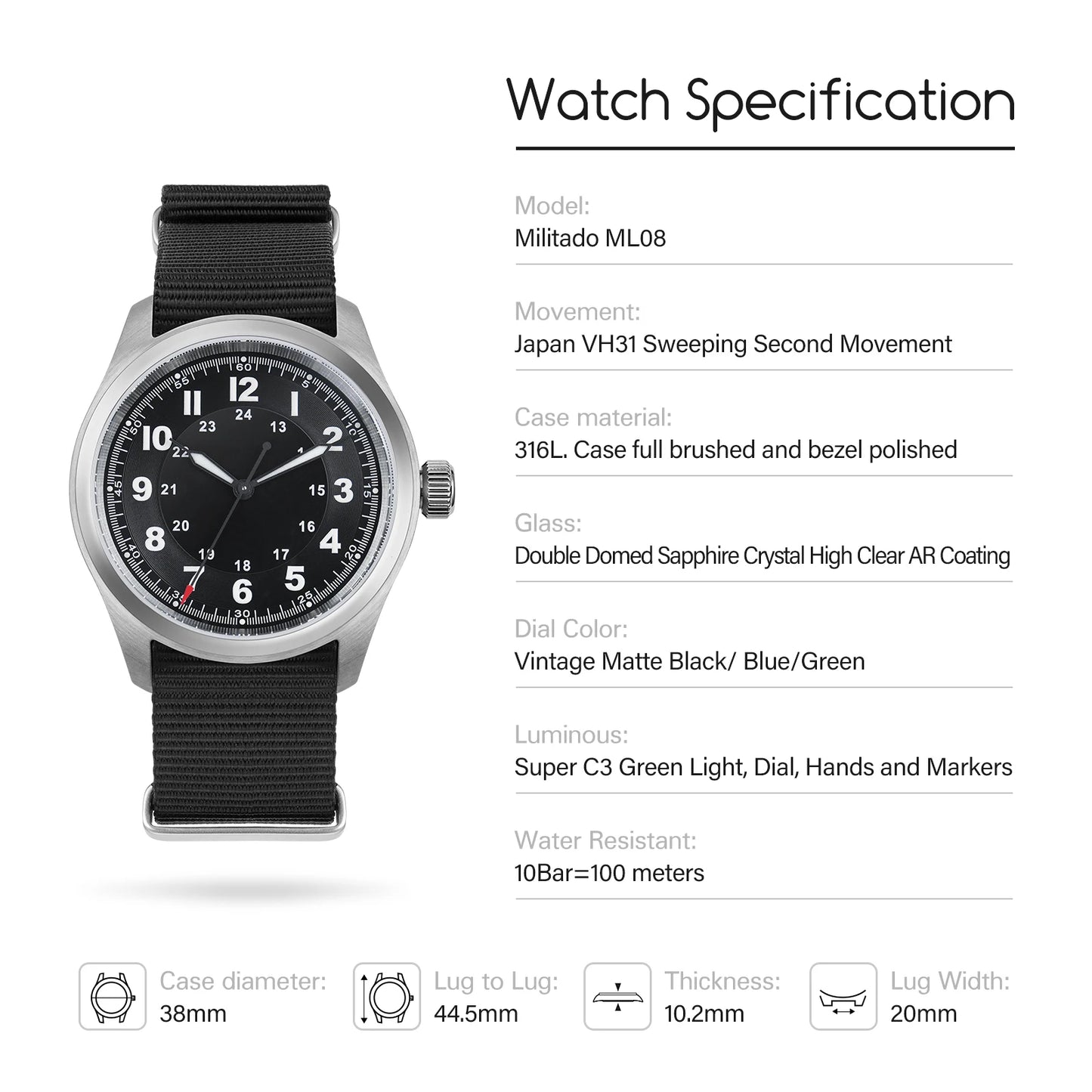 Militado ML08 38mm Quartz Watch VH31 Movement Double Domed Sapphire Crystal Wristwatch Super C3 Green Luminous Vintage Watches