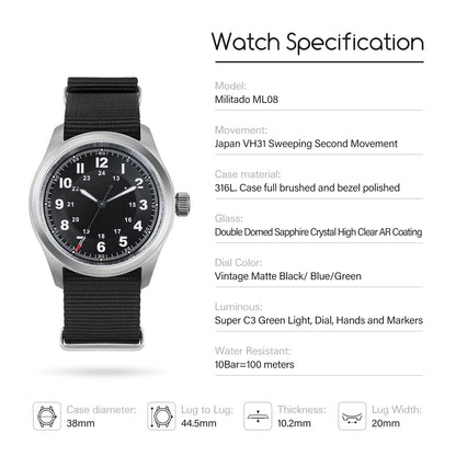 Militado ML08 38mm Quartz Watch VH31 Movement Double Domed Sapphire Crystal Wristwatch Super C3 Green Luminous Vintage Watches