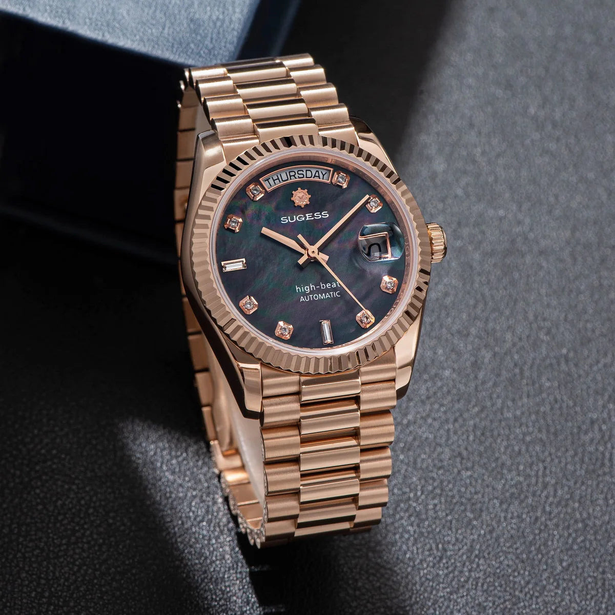 Sugess 36mm Mens of Watch Automatic Dandong Peacock SL3034 Day Movement Sapphire Glass 100m Waterproof Wristwatches MOP Date New