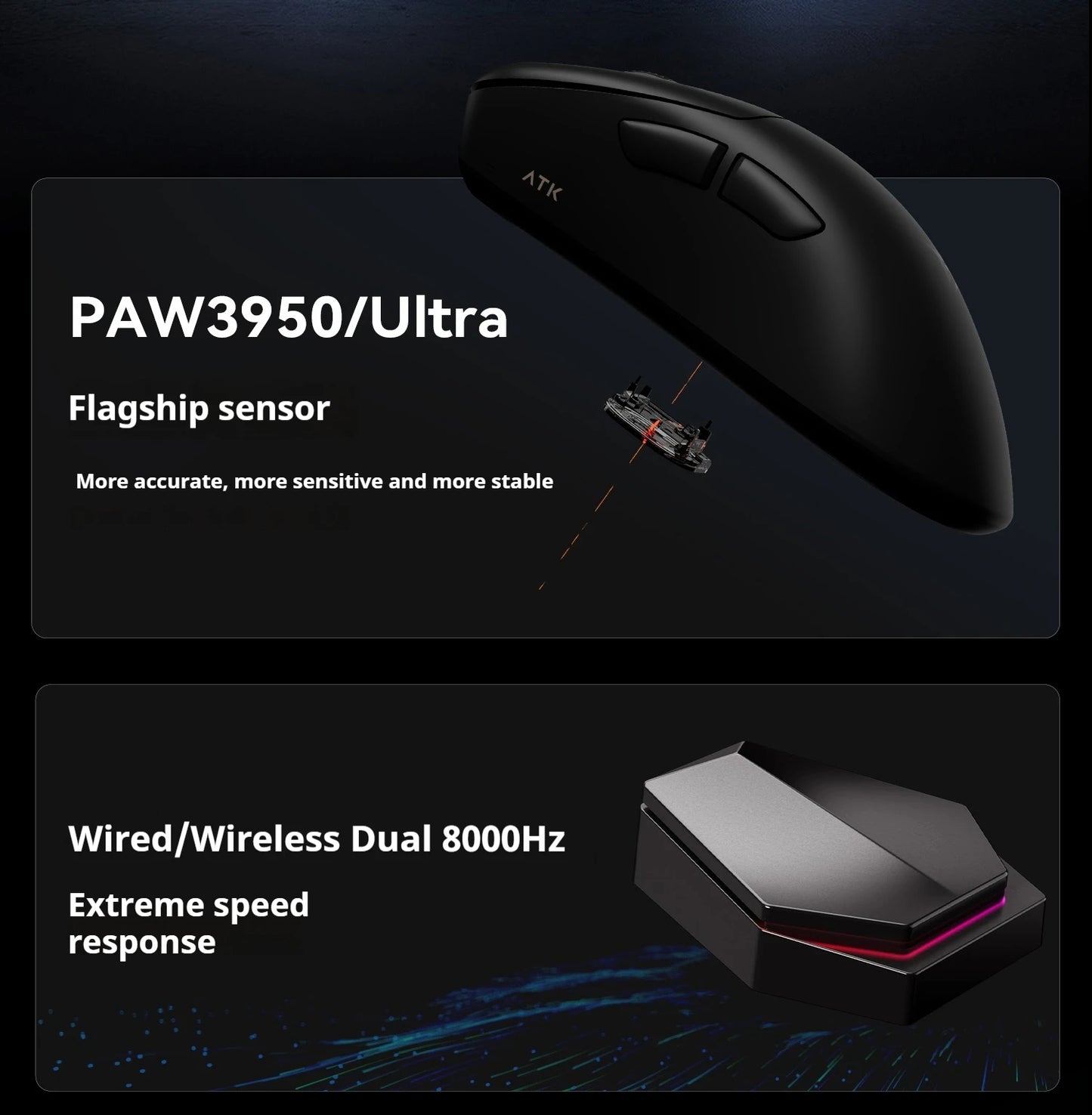 Mouse de gaming wireless ATK Z1 Pro Max Ultra, picioruș personalizat, PAW3950 Ultra Smart Speed Wireless, rată de polling 8k, latență redusă de 0.39ms