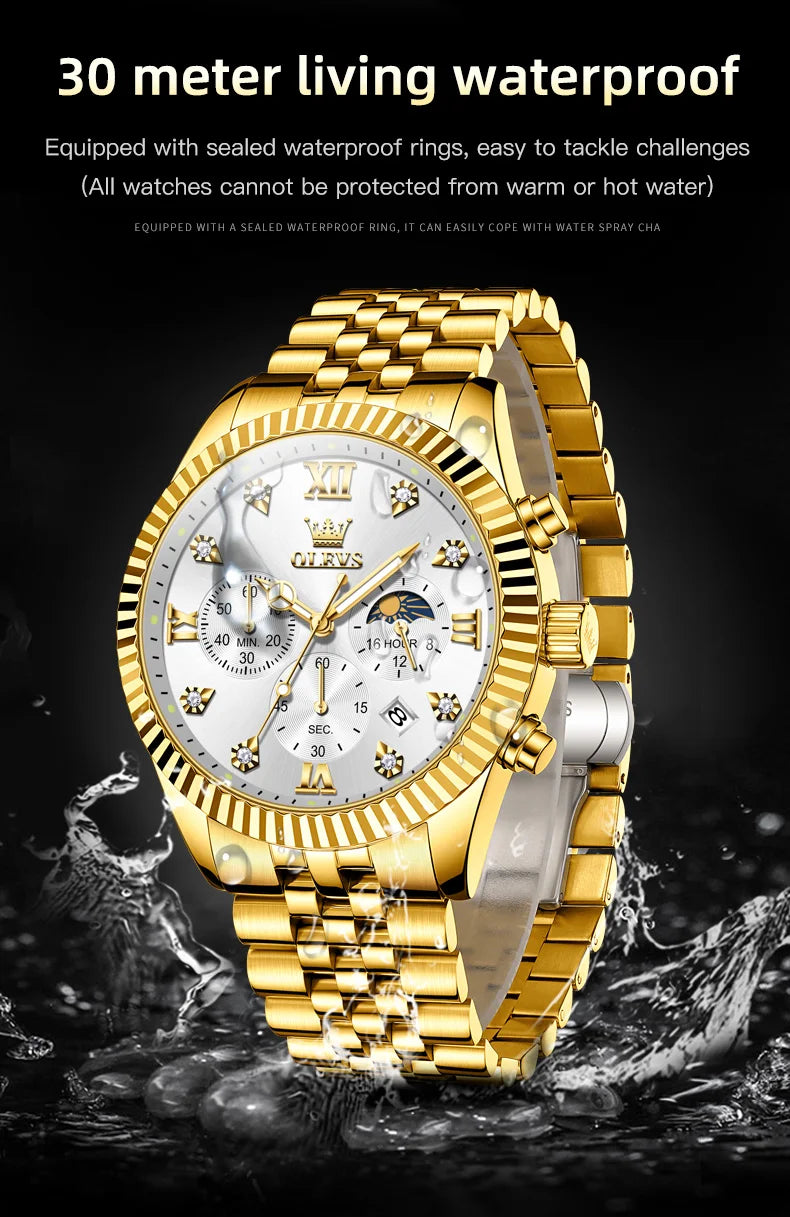 OLEVS 2932 High end Men's Watch Classic Lunar Phase Waterproof Stainless Steel Chronograph Watch Luxury Brand Quartz Men's Watch