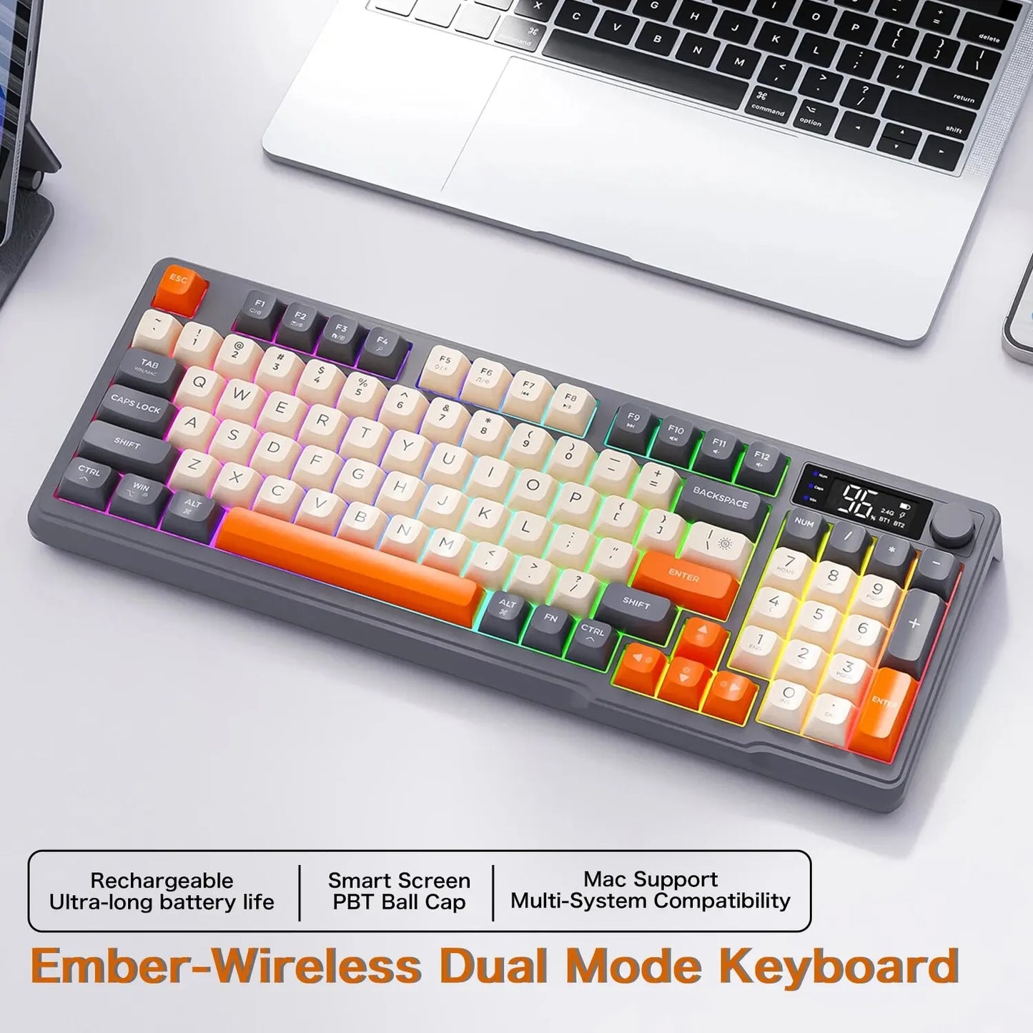 FreeWolf M96 Wireless Keyboard with Screen, Gaming Keyboard Bluetooth Dual-Mode Connection, Multi-Device Linking, Ergonomic