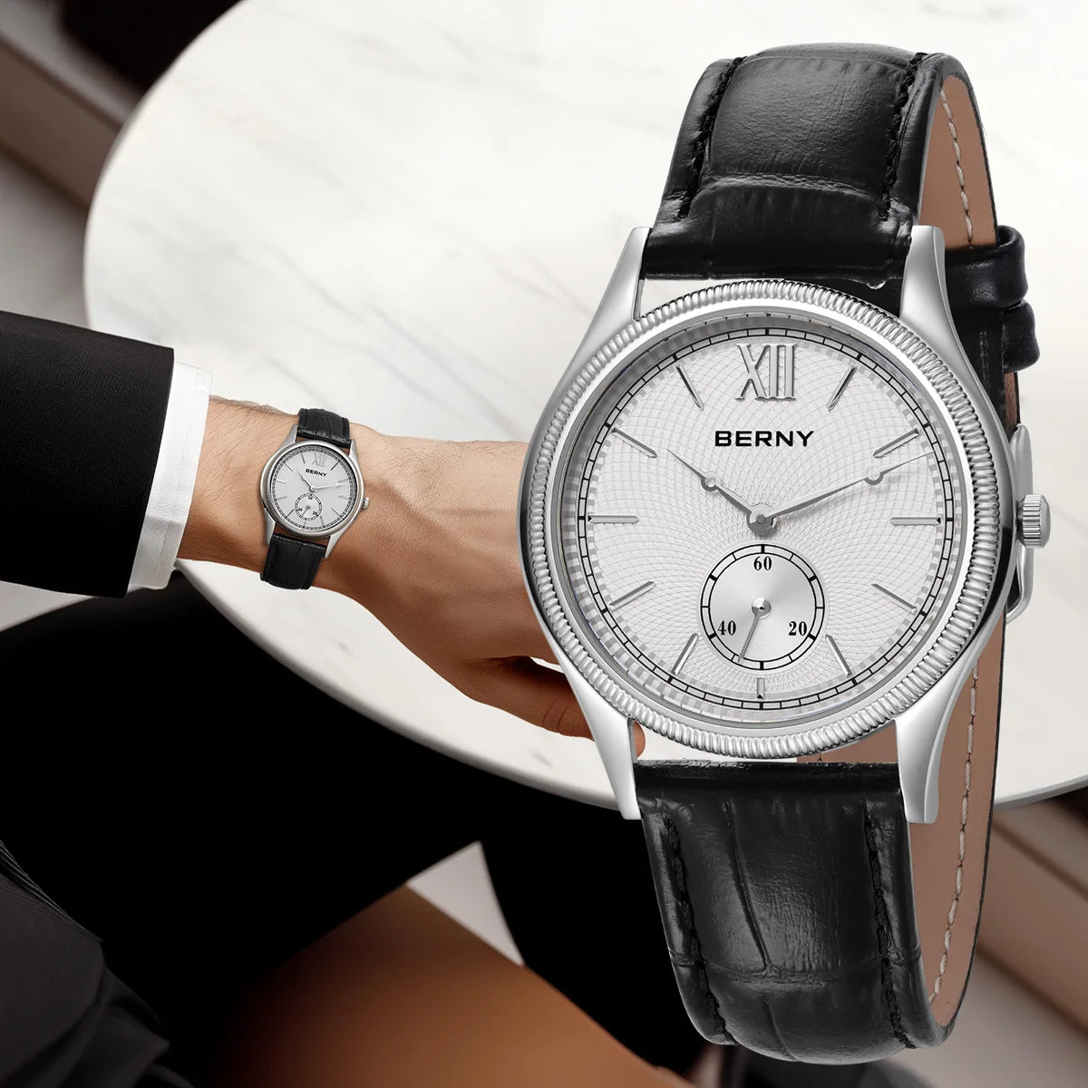 BERNY Men's Watches Luxury Classic Stylish Dress Quartz Watch Slim Stainless Steel Case Elegance Leather Strap Wristwatch
