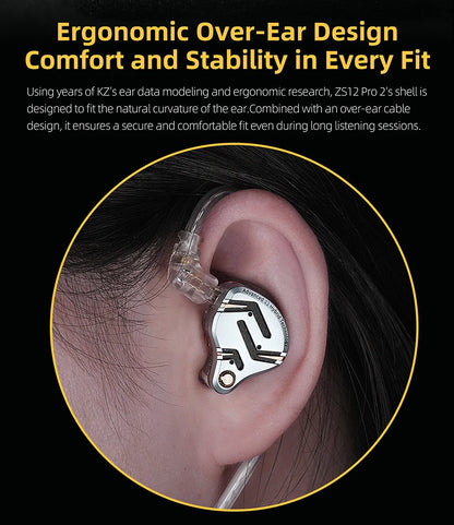 Auriculares IEM Híbridos KZ ZS12 PRO 2 – Auriculares Gaming HiFi com Fio, Graves Potentes e Drivers Superlineares