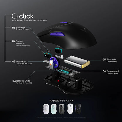 Rapoo VT9PRO/VT9Air 4K Wireless Gaming Mouse Superlight 26000DPI 4KHz Polling Rate 0.25ms Response Time 180H Battery Life PAW3398