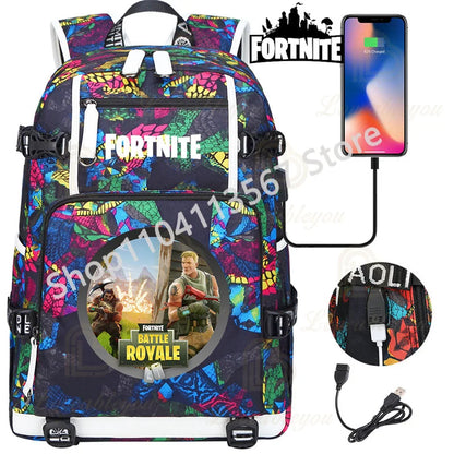 Ultima Knight F-Fortnited Battle Royale Rucksack mit USB-Ladeanschluss, Anime-Figuren und Studienfach für Schreibwaren für Schüler