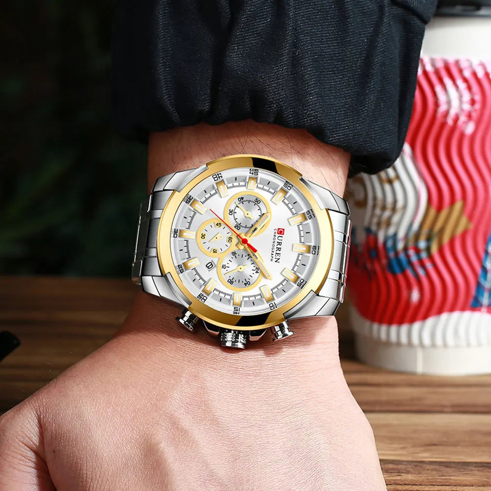 Moška kronografska ura CURREN, velik številčnik premera 48 mm, zapestnica iz nerjavečega jekla, trije pomožni številčniki, športna kvartzna zapestna ura, luksuzni stil