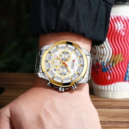 Moška kronografska ura CURREN, velik številčnik premera 48 mm, zapestnica iz nerjavečega jekla, trije pomožni številčniki, športna kvartzna zapestna ura, luksuzni stil