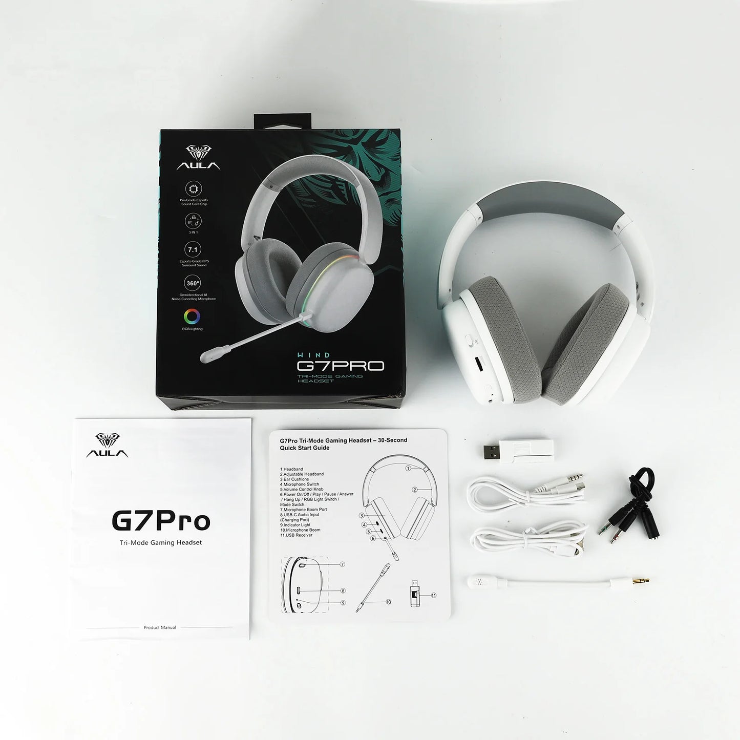 Cuffie da gaming AULA G7 Pro 7.1 Surround Sound wireless Bluetooth 5.3 con microfono a cancellazione del rumore per PS5/PS4/PC/Switch