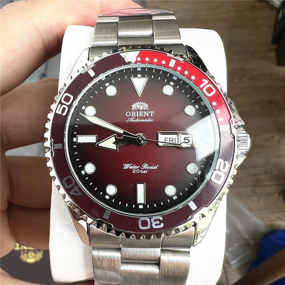 Orient Men's 200M Waterproof Automatic Dive Watch Dial Stainless Steel Bracelet Day Date Self-Winding Luminous Wristwatch
