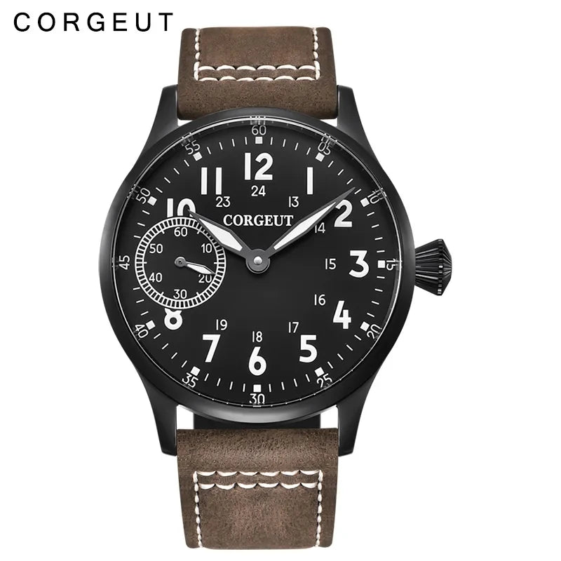 Corgeut 44mm Leather Luminous Mechanical Hand Winding Watch For Men 17 Jewels ST3600 Seagull 6497 Movement Sport Wristwatches