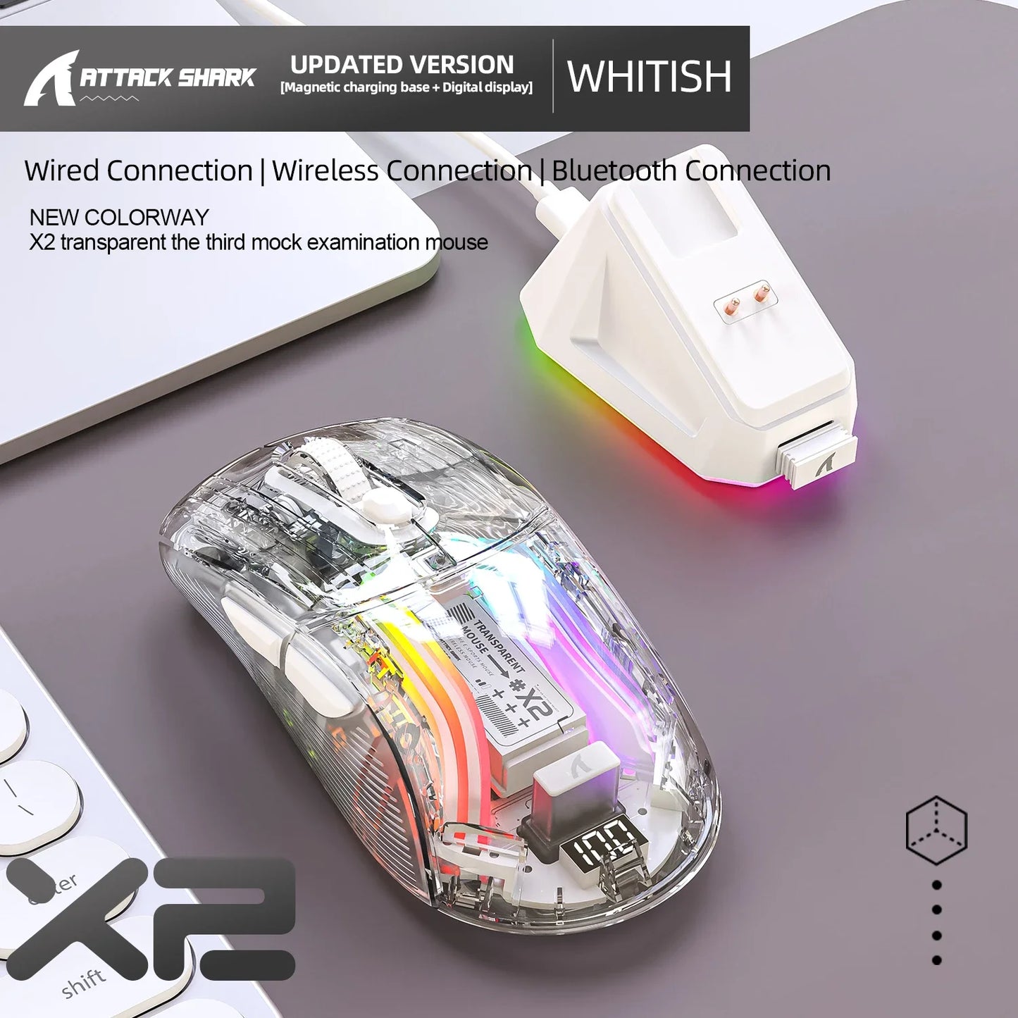 Attack Shark X2PRO Bluetooth Mouse, Tri-Mode, RGB Lights, Magnetic Charging, Transparent, Battery Indicator, Computer Phone