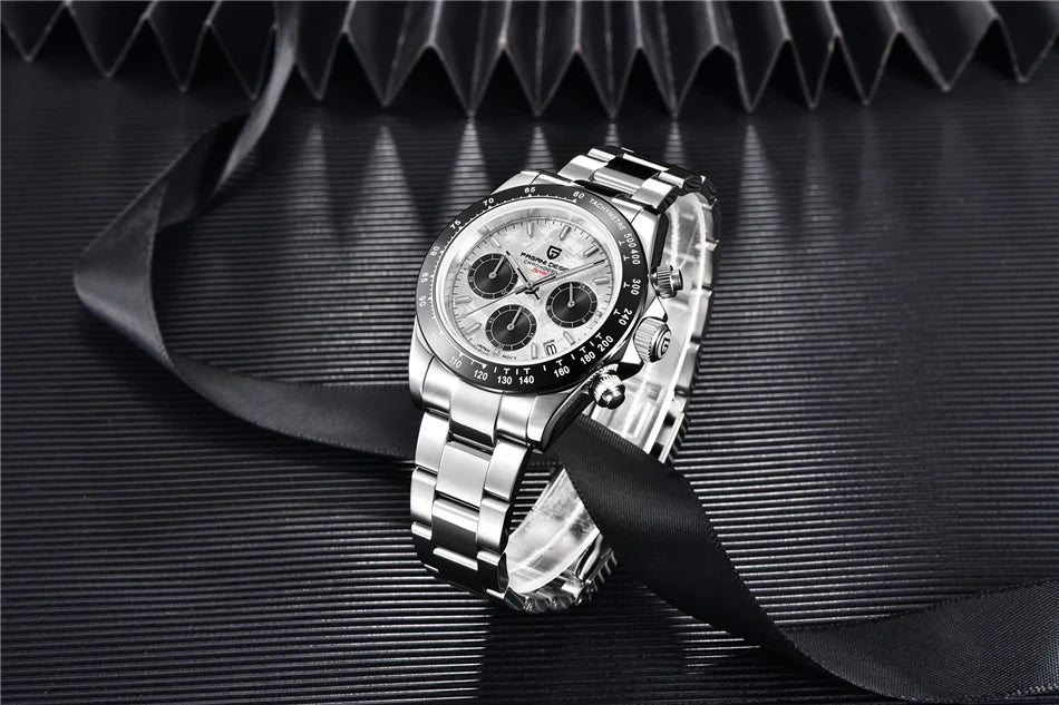 PAGANI DESIGN V2 40MM Herrenuhr mit Meteorit-Zifferblatt, Quarzwerk, Saphirglas, Retro-Chronograph, wasserdichte Uhr für Herren