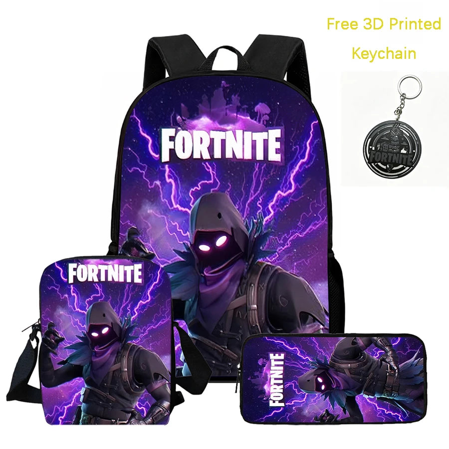 3Pcs Kids Backpack Set, Crossbody & Pencil Bag, FORTNITE Cartoon Bag, Lightweight for Boys and Girls Ages 5-10, Free 3D Printed Keychain