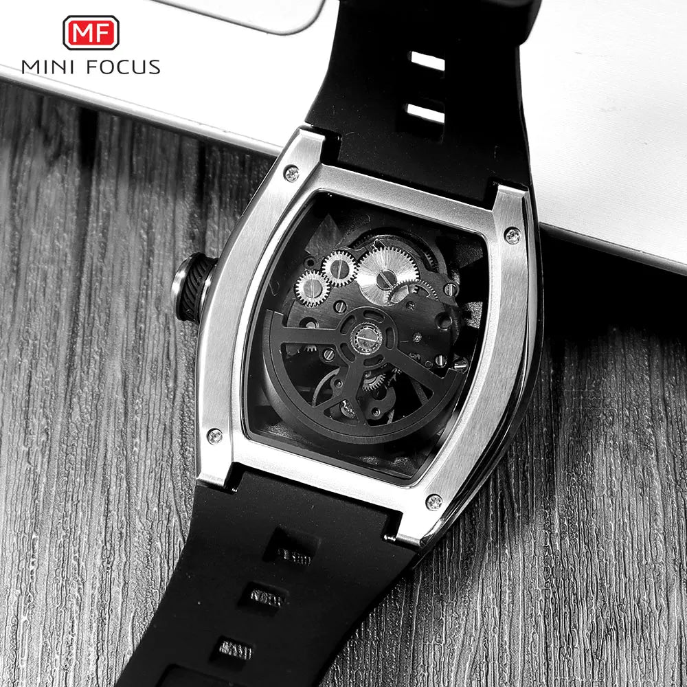 MINI FOCUS Orologio da polso da uomo fashion nero impermeabile, automatico meccanico, con lancette luminose, cinturino in silicone e quadrante tonneau