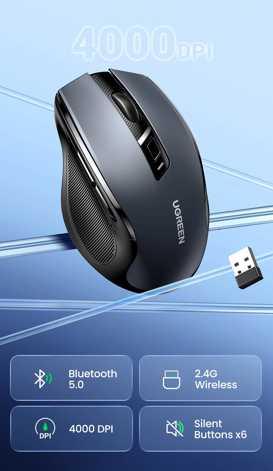 Rato sem fios UGREEN Bluetooth 5.0 ergonómico 4000DPI com 6 botões silenciosos para MacBook, tablet, portáteis, computador e PC, rato 2.4G