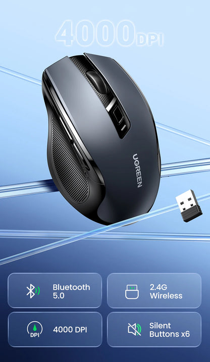 Rato sem fios UGREEN Bluetooth 5.0 ergonómico 4000DPI com 6 botões silenciosos para MacBook, tablet, portáteis, computador e PC, rato 2.4G