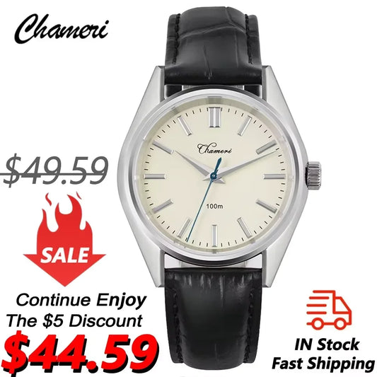 Watchdives Chameri GS04 Quartz Watches VH31 Movement Sapphire Crystal Ar 100M Waterproof Black Leather 37mm Vintage Wristwatches