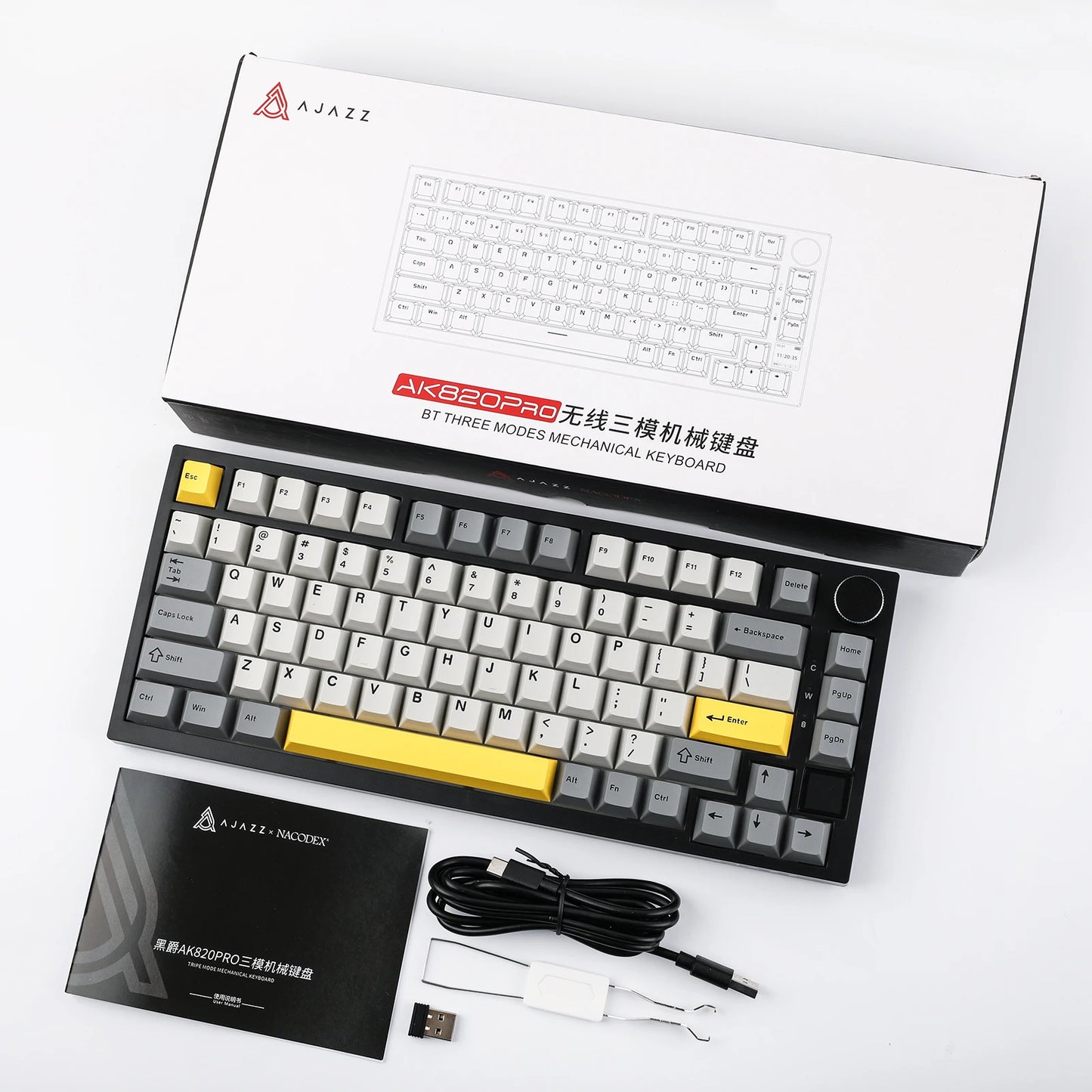 Teclado mecânico Ajazz AK820 Pro 75% com montagem gasket, Bluetooth 5.1/2.4G sem fios/com fios e ecrã TFT para Mac/Win