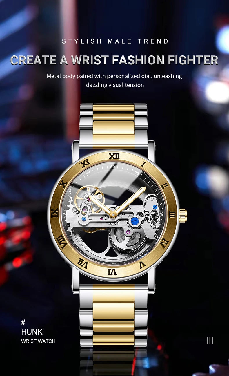 AKDPN Men's Watches Automatic Mechanical Stainless Steel Men's Wrist Watch Skeleton Automatic Watches for Man Watch Montre Homme