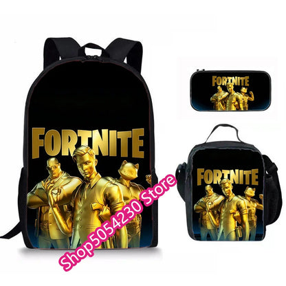 Conjunto de Mochila Fortnited 3PCS para Adolescentes e Estudantes, Saco de Viagem Fortress Night, Mochila Escolar 3D de Jogos Populares