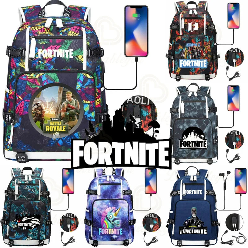 Ultima Knight F-Fortnited Battle Royale Rucksack mit USB-Ladeanschluss, Anime-Figuren und Studienfach für Schreibwaren für Schüler