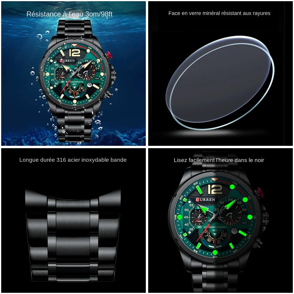 Relógio CURREN para Homem, Desportivo, de Quartzo, Cronógrafo, em Aço Inoxidável de Luxo, com Mostrador Luminoso