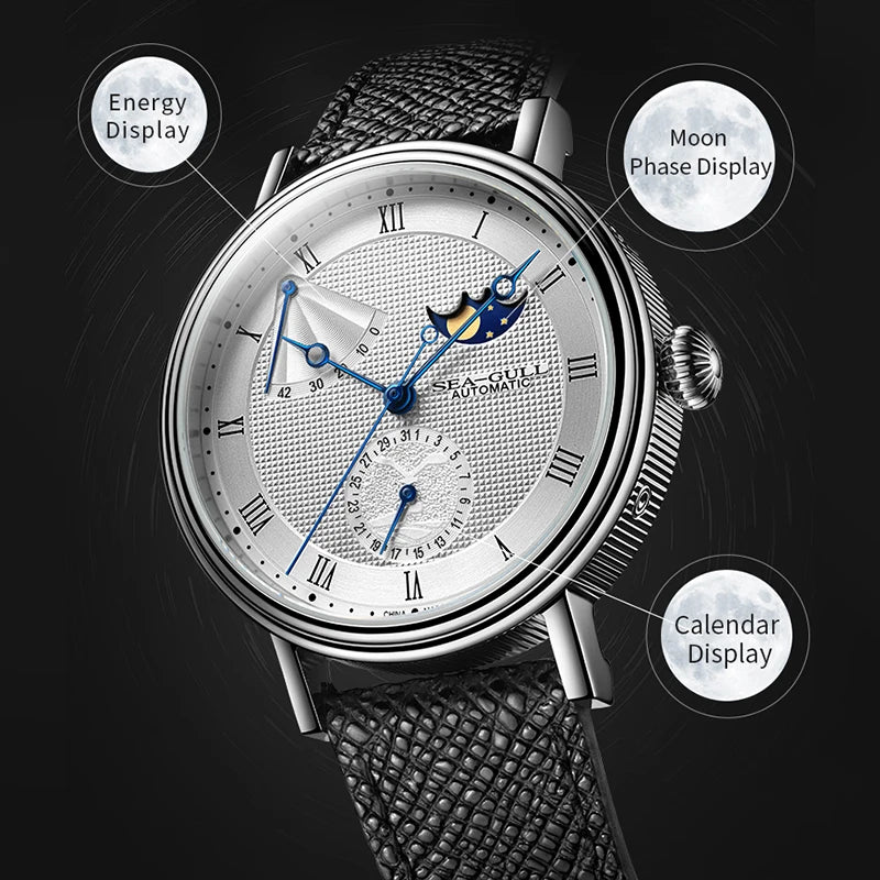 Seagull Men's Business Wristwatch Moon Phase Leather Luxury Automatic Mechanical Men's Watches 50M Waterproof Relogio 6092