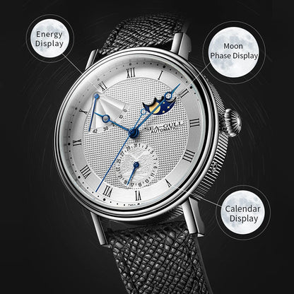 Seagull Men's Business Wristwatch Moon Phase Leather Luxury Automatic Mechanical Men's Watches 50M Waterproof Relogio 6092