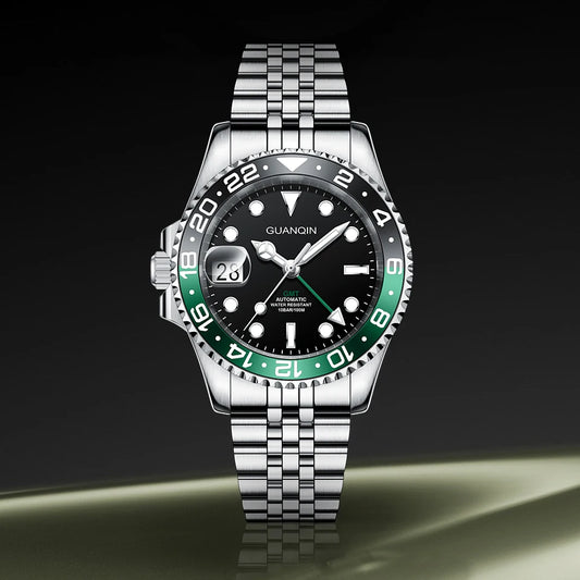 Relógios GUANQIN GMT para Homem 2025 Novo Relógio Automático para Homem NH34 Relógio de Pulso Mecânico Vidro de Safira Aço Inoxidável Left Hand