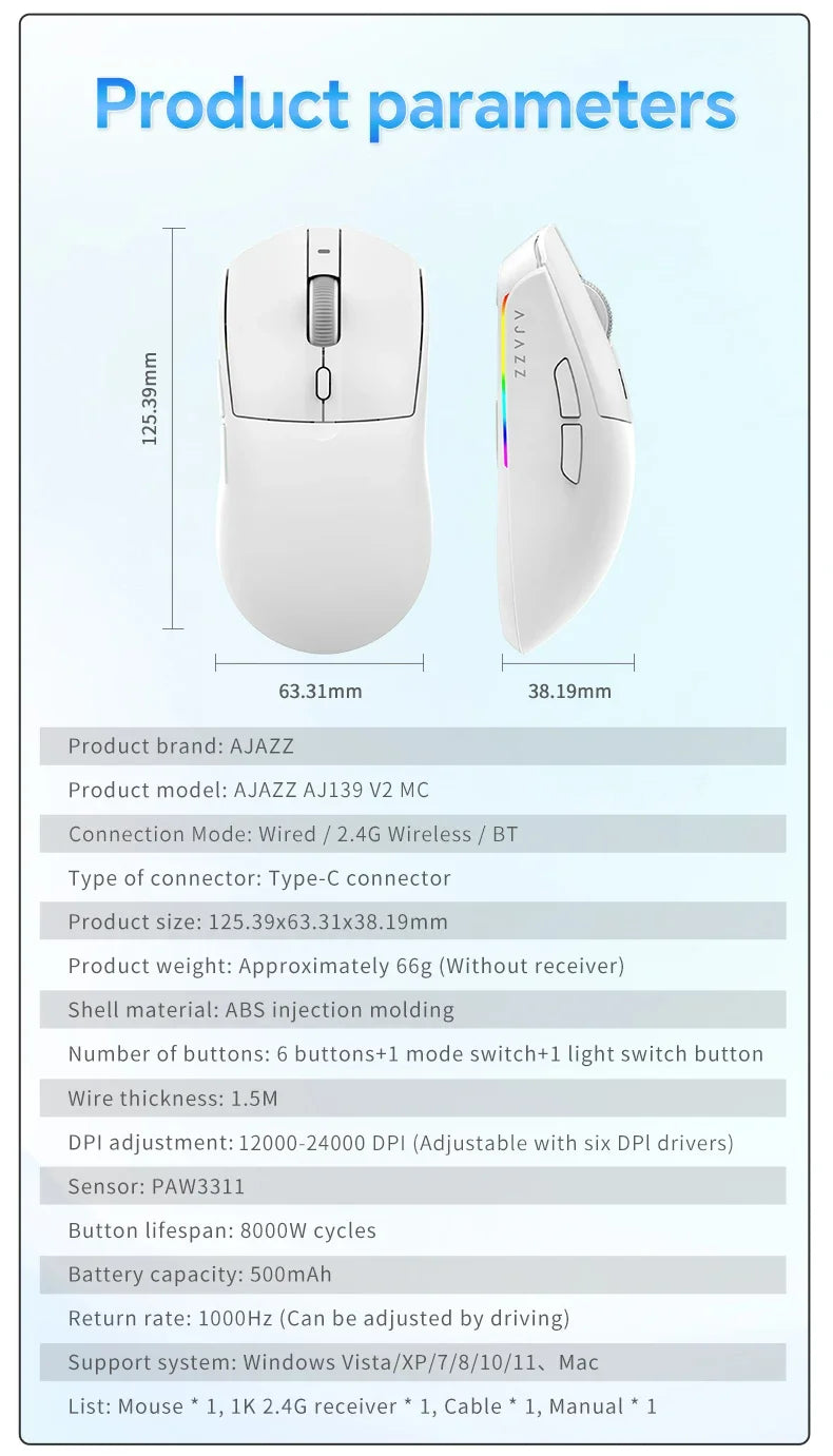 AJAZZ AJ139 V2 PRO Wireless Gaming Mouse, PAW3395/PAW3311 Sensor, 26000 DPI Bluetooth & 2.4GHz Wireless Gaming Mouse for PC, Laptop & Esports