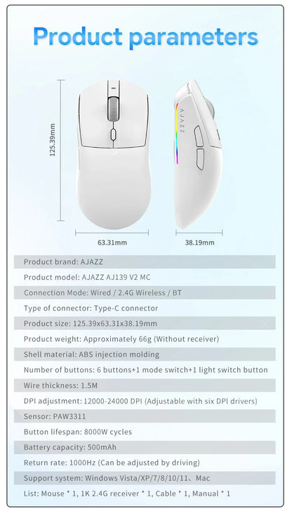 AJAZZ AJ139 V2 PRO Wireless Gaming Mouse, PAW3395/PAW3311 Sensor, 26000 DPI Bluetooth & 2.4GHz Wireless Gaming Mouse for PC, Laptop & Esports