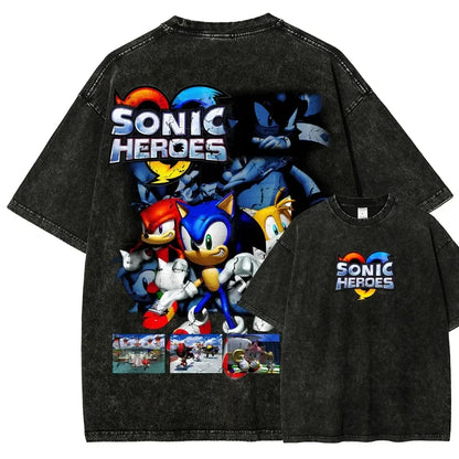 Classic Anime Manga Games Sonic Peripherals Print T-shirts Fashion Loose Casual Tee Men Women Retro Washed Cotton Tops