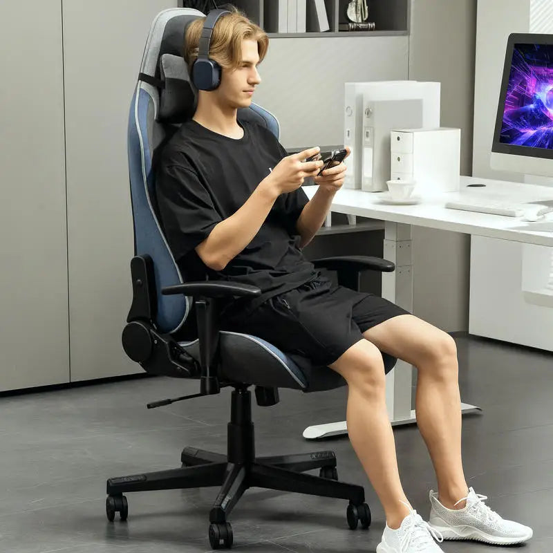 Gaming Chair Reclining 150 ° with Rocking Function, in Linen Effect Fabric, 66X53X128-138 Cm, Gray