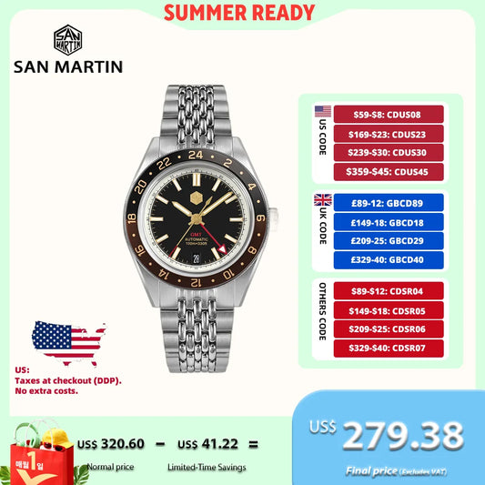 Relógio Automático Masculino San Martin 39.5mm Edição Limitada com Mostrador Full Lume NH34 GMT 6H Data 10Bar Luxo Kol Saati SN0116W