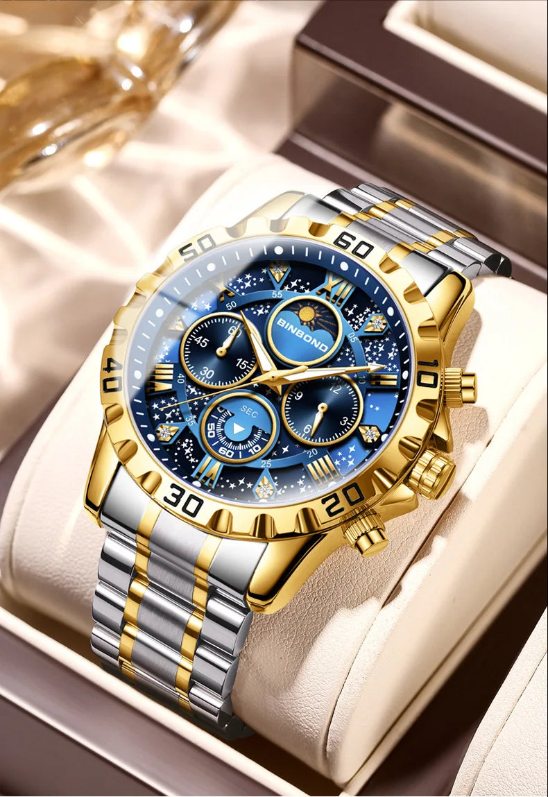 2026 Men Watch Light Luxury Business Steel Belt Moonphase Starry Night Light Waterproof Men's Fashion Quartz Clock Watches Gift