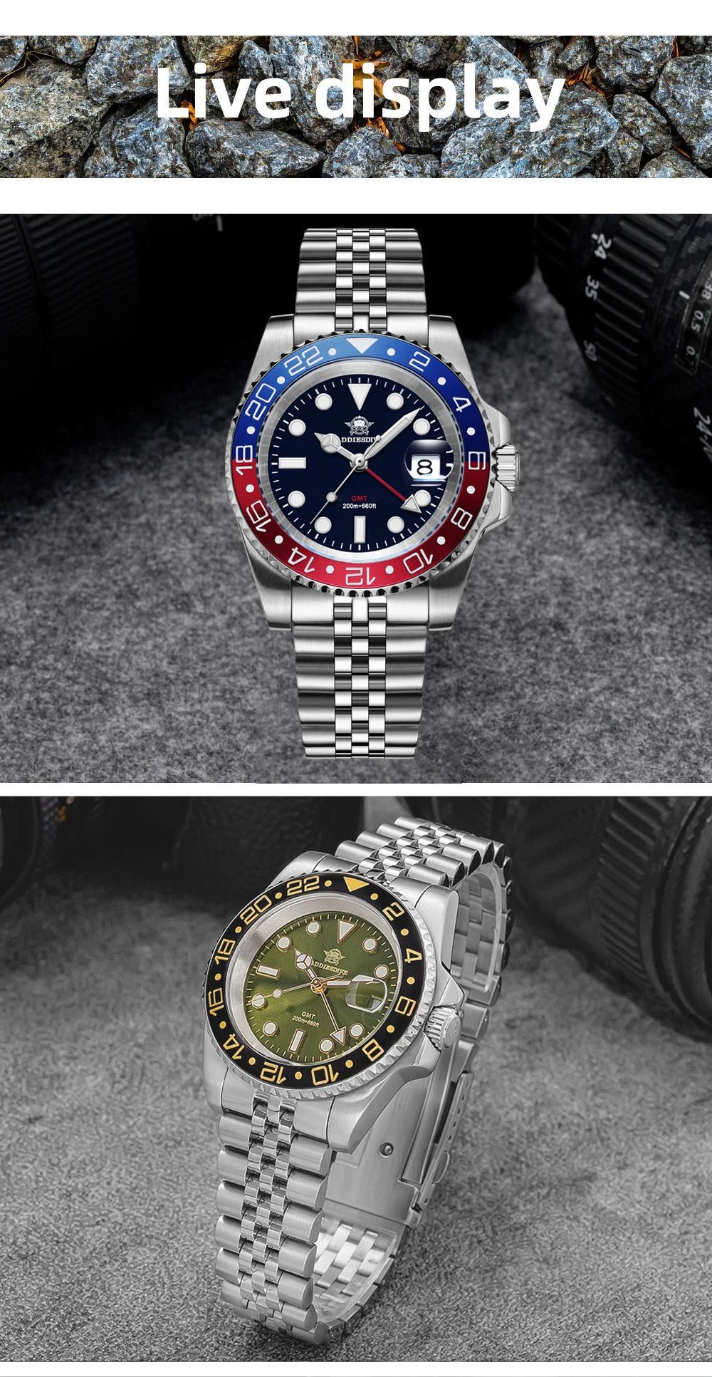 ADDIESDIVE Watch For Man Quartz GMT 20Bar Waterproof BGW9 Super Luminous 316L Stainless Steel Ceramic Bezel Watch