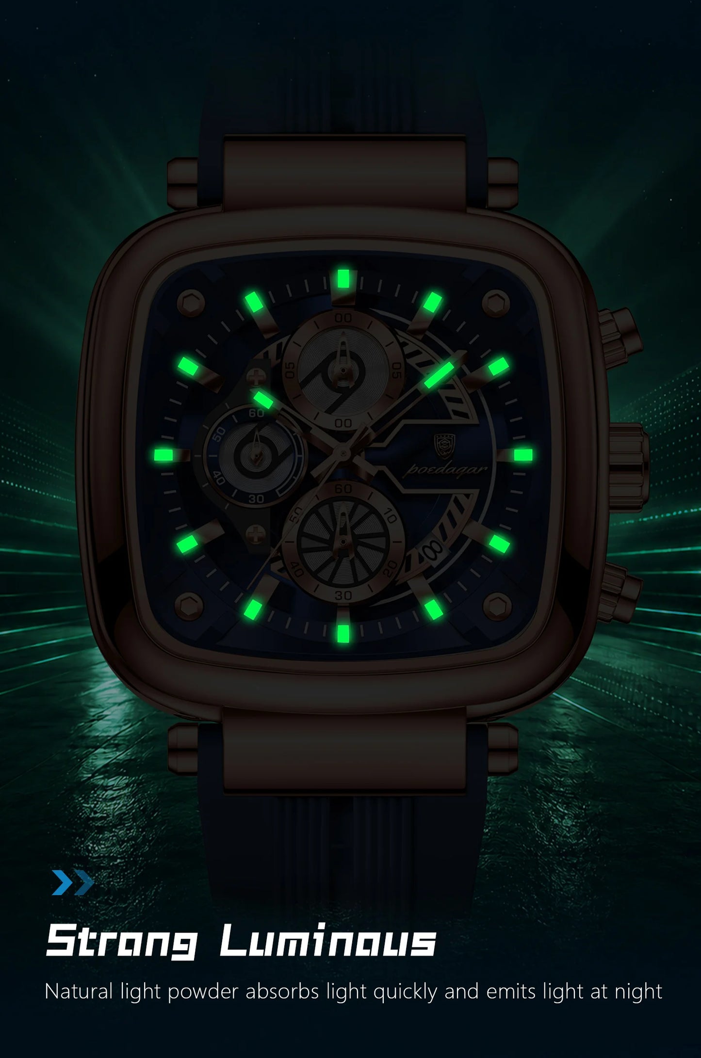 POEDAGAR Square Sport Man Wristwatch Date Waterproof Luminous Chronograph Watch For Men Silicone Strap Men's Quartz Watches Male