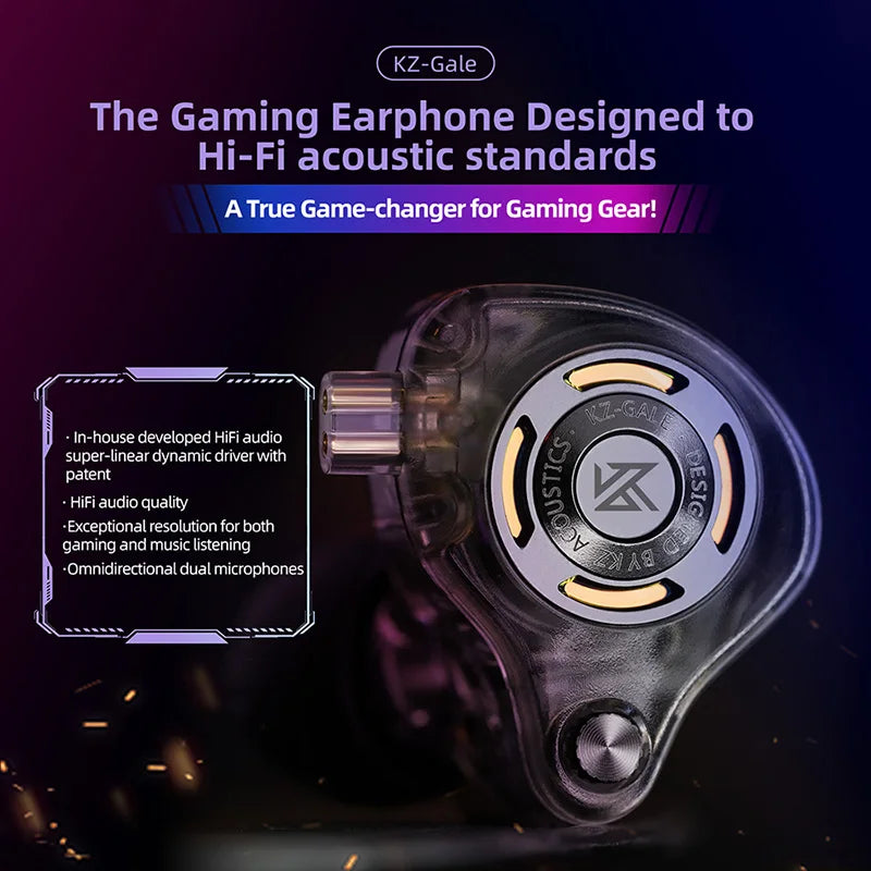 Auriculares IEM Gaming KZ Gale – Monitor In-Ear HiFi con driver superlineal y cable desmontable de 2 pines chapado en plata